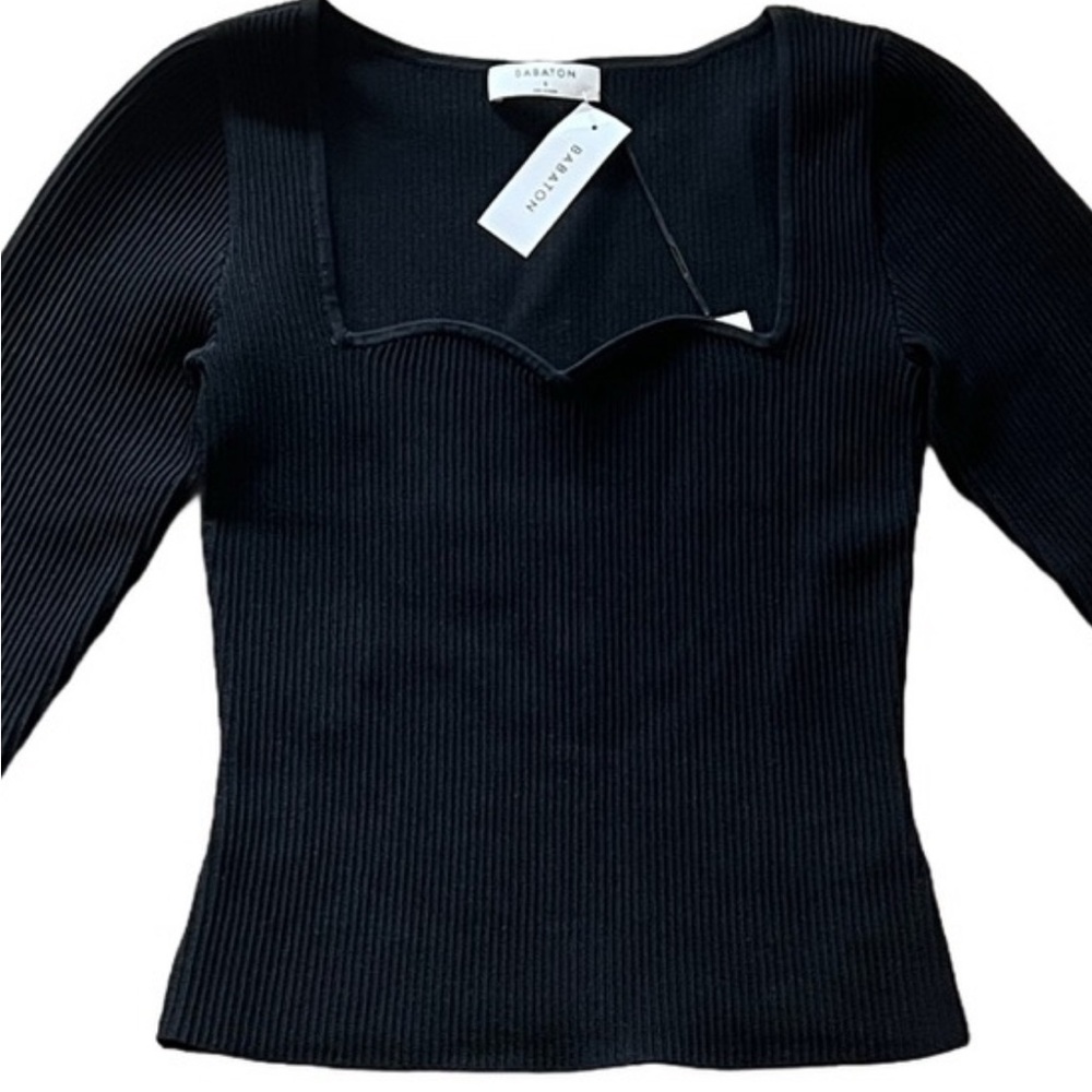 Babaton Sculpt Knit Sweetheart Black Fitted Blouse NWT